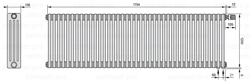 Схема (чертеж) Радиатор Zehnder Charleston 4120/39 №V002 Белый глянцевый RAL 9016